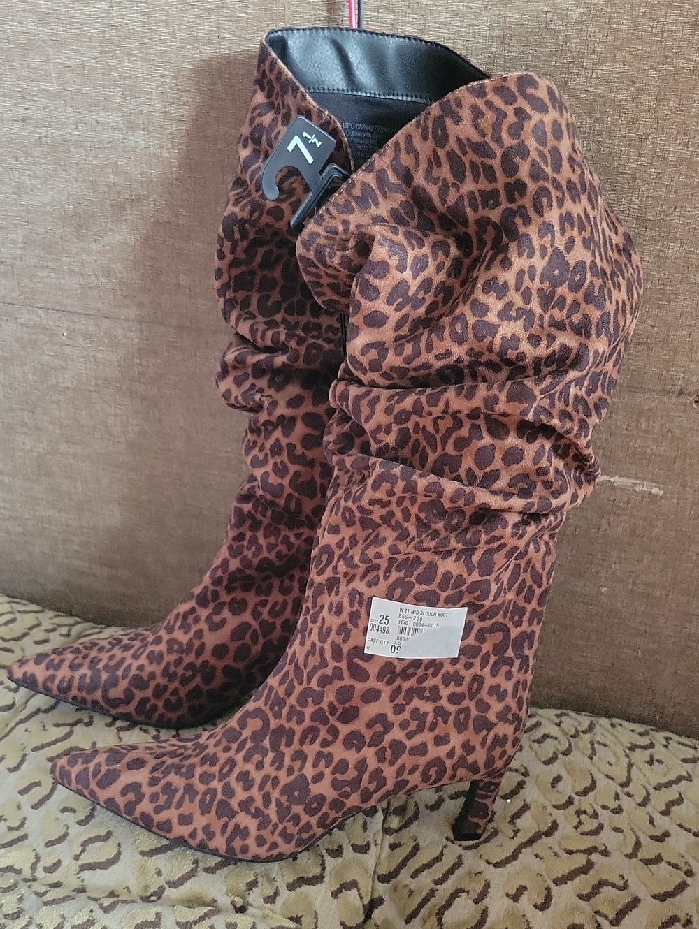 Time and Tru Leopard Print Slouchy Pointed-Toe Mid Heel Boots - Brown/Black